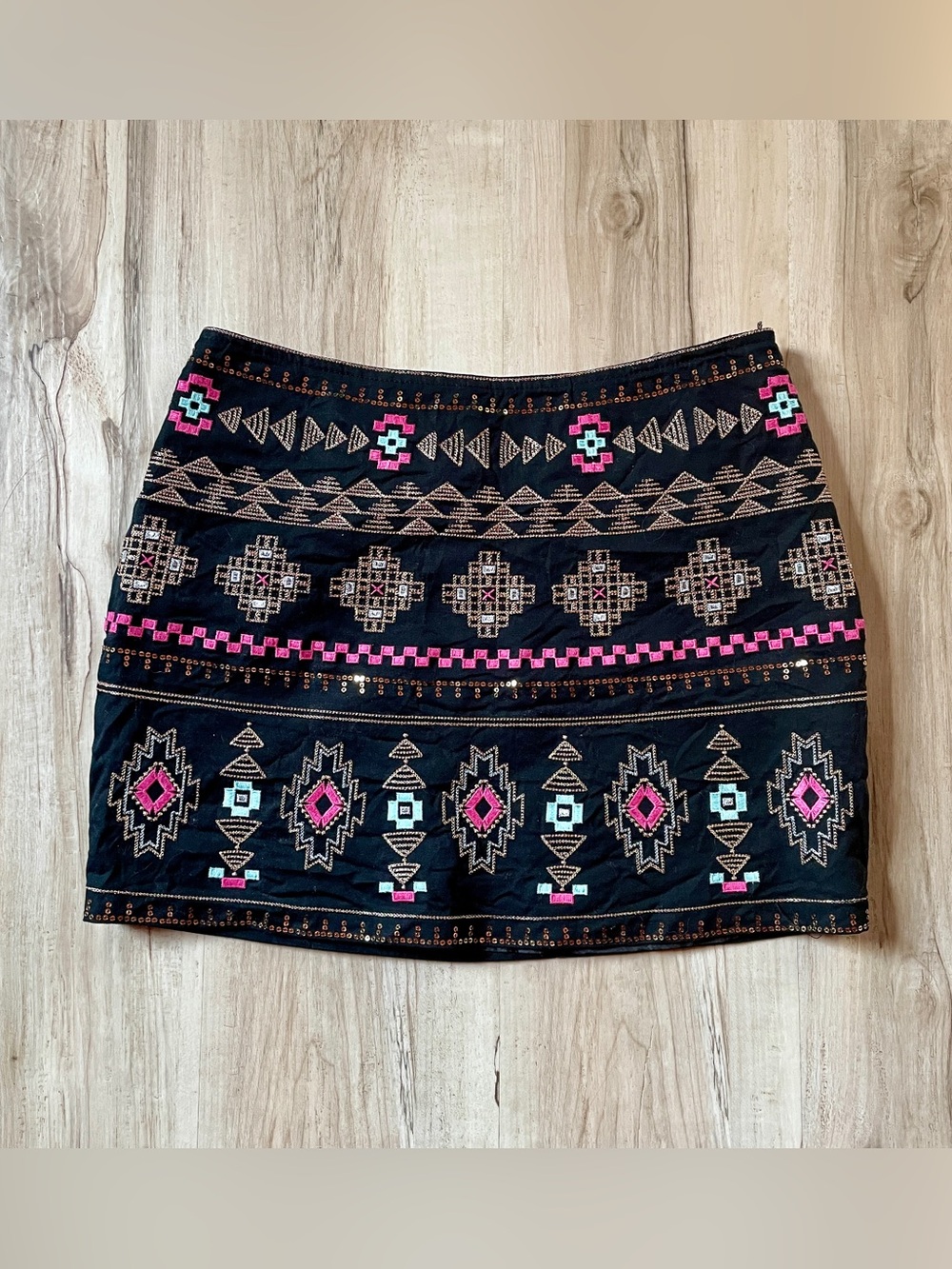 Mi Ami Embroidered Black Mini Skirt with Pink & Turquoise Accents